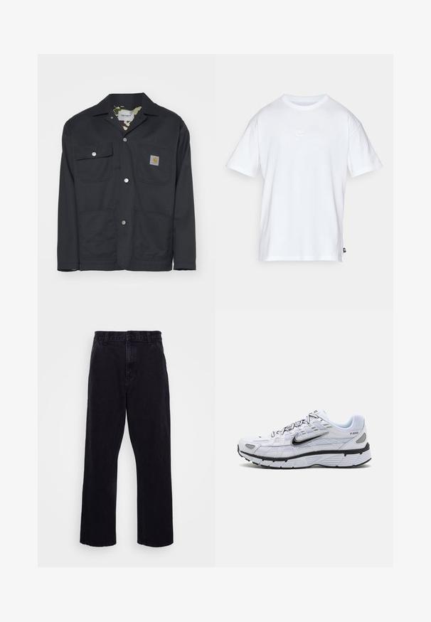 Black work jacket made of durable fabric. Features two chest pockets, two front pockets, and a camouflage lining. Silver snap buttons visible.; White cotton t-shirt with short sleeves and a round neck. Features a small, subtle Nike logo on the chest and a side label.; Black denim trousers with a straight leg design, featuring a button and zip closure, belt loops, and minimal stitching details.; White running shoe with mesh upper, rounded toe, black accents, and a patterned sole. Features lacing and branding on the side.
