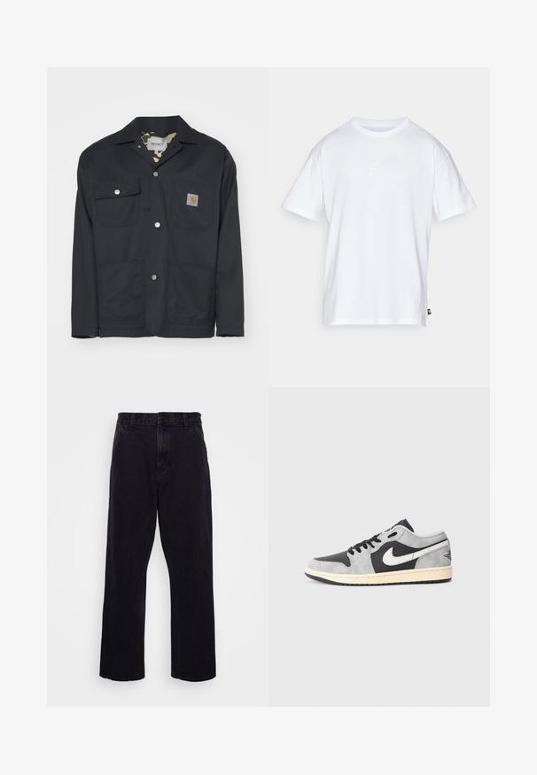 Black work jacket made of durable fabric. Features two chest pockets, two front pockets, and a camouflage lining. Silver snap buttons visible.; White cotton t-shirt with short sleeves and a round neck. Features a small, subtle Nike logo on the chest and a side label.; Black denim trousers with a straight leg design, featuring a button and zip closure, belt loops, and minimal stitching details.; Nike Air Jordan 1 Low in grey and black suede with white accents. Features a cushioned sole and classic Nike swoosh logo.
