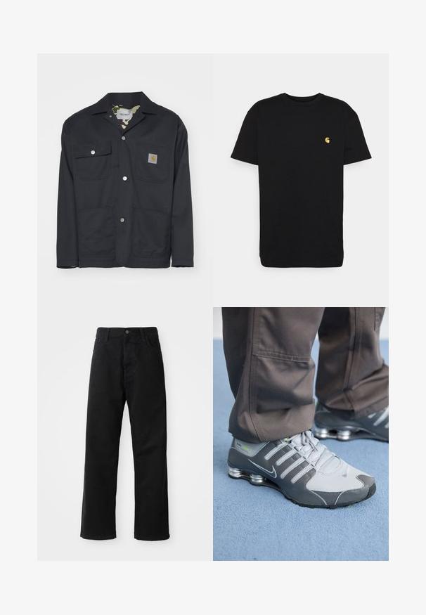 Svart arbeidsjakke laget av slitesterkt stoff. Har to brystlommer, to frontlommer og en kamuflasjefôr. Sølvfargede trykknapper er synlige.; Svart bomull T-skjorte med korte ermer, rund hals og en liten gul logo på venstre brystområde. Enkelt design og normal passform.; Svart denimbukser med rett snitt, med frontlommer, glidelåsgylf og en enkelt knapp i toppen. Teksturert stoff med matt overflate.; Grå og sølv Nike Shox-sneakers har et slankt design, med mesh- og syntetiske materialer, en rund tå og en polstret krage.