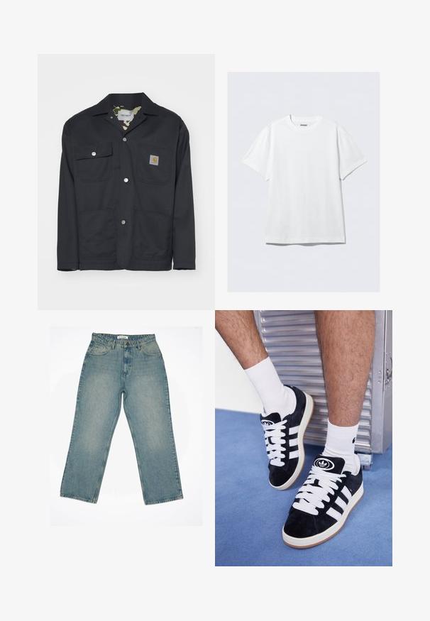 Musta työtakki kestävästä kankaasta. Varustettu kahdella rintataskulla, kahdella etutaskulla ja camo-vuorilla. Näkyvät hopeiset napit.; Valkoinen lyhythihainen t-paita, joka on valmistettu pehmeästä puuvillasta. Siinä on pyöreä kaula-aukko ja rento leikkaus, sekä sileä pinta ja siisti, koristamaton muotoilu.; Vaalean siniset farkut, joissa on korkea vyötärö ja leveät lahkeet. Sisältää etutaskut, vetoketjukiinnityksen ja näkyvät ompeluyksityiskohdat.; Mustat mokkasneakersit, joissa on valkoiset nauhat ja kolme valkoista raitaa. Kengissä on ympyrän muotoinen musta logo kielen päällä ja kuminen pohja.