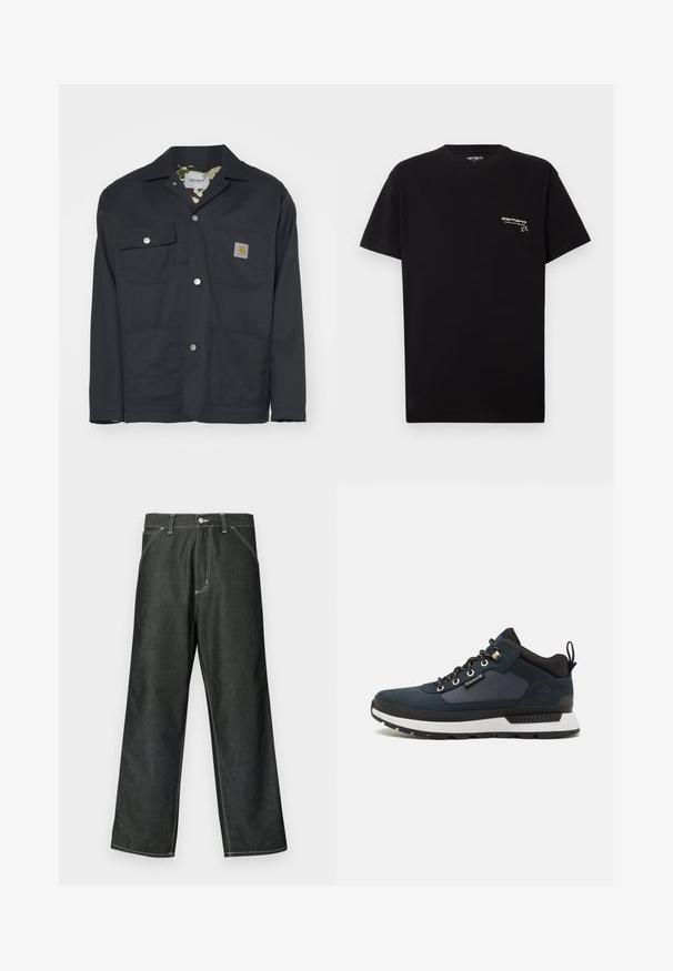 Black work jacket made of durable fabric. Features two chest pockets, two front pockets, and a camouflage lining. Silver snap buttons visible.; Black cotton T-shirt with short sleeves, round neckline, and a small white logo printed on the left chest area.; Dark denim wide-leg pants with white stitching, standard five-pocket design, metal button closure, and straight hems.; Navy blue hiking shoe with suede and textile upper, white midsole, black outsole, and metallic eyelets. Features a rear pull tab for easy wear.