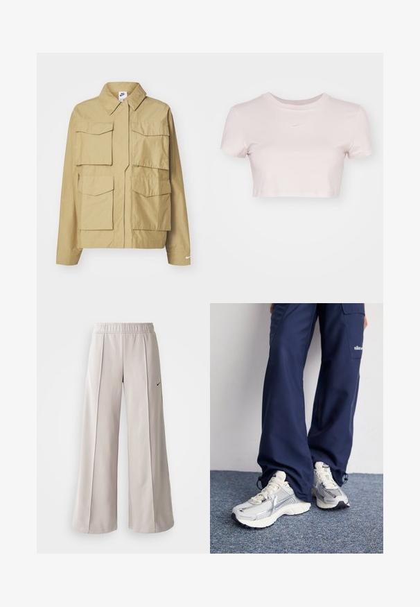 Bežna, lahka jakna s klasičnim ovratnikom, večimi žepi na prsih in dolgimi rokavi. Na levem rokavu je Nike logo.; Kratka majica v svetlo rožnati barvi, izdelana iz mehke tkanine. Ima krojen izrez in kratke rokave ter majhen bel Nike logo na prsih.; Svetlo sivi široki hlače iz gladkega materiala. Imajo elastični pas in črni Nike logotip na levi strani.; Nike športni čevlji s srebrno mrežasto zgornjico, belimi poudarki in teksturiranimi podplati, v kombinaciji s sproščenimi temno modrimi hlačami.