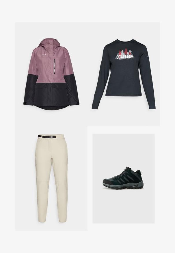 Μωβ και μαύρο αδιάβροχο μπουφάν με κουκούλα, που διαθέτει δύο μπροστινές τσέπες, μία τσέπη στο στήθος και κλείσιμο με φερμουάρ για ρυθμιζόμενη εφαρμογή.; Μακρυμάνικο σκούρο γκρι πουκάμισο με γραφικό κόκκινων δέντρων και βουνών; το λογότυπο "COLUMBIA" σε έντονο λευκό κείμενο. Μαλακό ύφασμα, τυπικός στρογγυλός λαιμός.; Μπεζ παντελόνι με σταθερή γραμμή, κατασκευασμένο από λείο ύφασμα, με μαύρη ρυθμιζόμενη ζώνη και πλαϊνές τσέπες.; Columbia REDMOND - Παπούτσια πεζοπορίας - black/citron haze