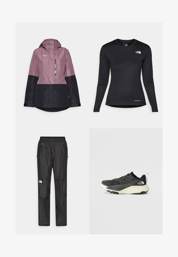 Vreća otporna na vodu u ljubičastoj i crnoj boji s kapuljačom, koja ima dvije prednje džepove, džep na prsima i zatvaranje na patentni zatvarač za prilagodljivo pristajanje.; The North Face SHADOW LONG SLEEVE - Top dugih rukava - black; Crne vodootporne hlače napravljene od lagane tkanine, s elastičnim pojasom, bočnim džepovima i logotipom na lijevoj nozi.; Crna atletska cipela s teksturiranim gornjim dijelom, sivim detaljima i bijelim međuslojem. Ima držač i istaknutu marku na peti.