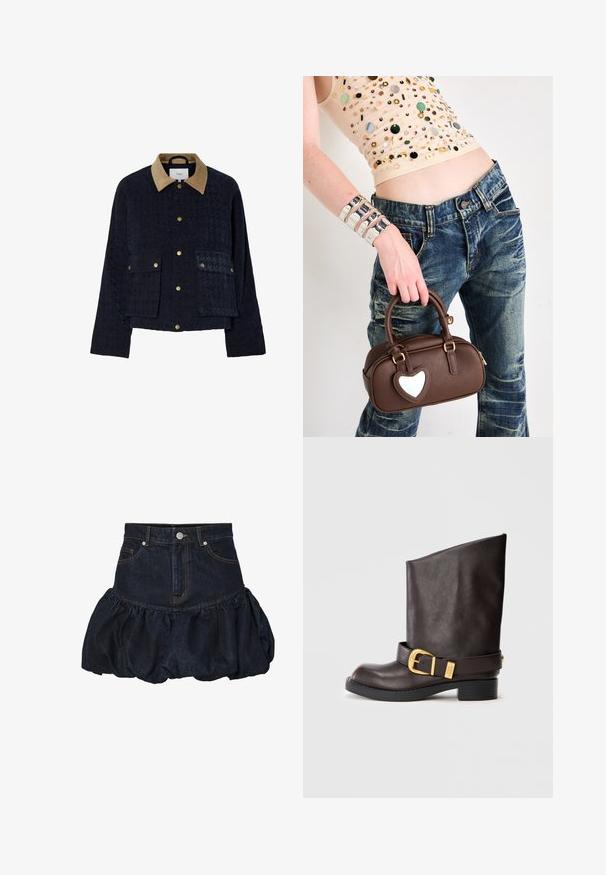 Mørkeblå quiltet jakke med en lysebrun corduroy-krave, to forlommer og guld trykknapper. Har struktureret stof og en afslappet pasform.; Hvid langærmet skjorte med en struktureret krave og et sort slips, der har en glat bomuldsstruktur og en knap-ned frontdesign.; Mørk denim nederdel med en tætsiddende talje og en samlet, puflet nederste del med flæser. Har forlommer og knaplukning i metal.; Mørkebrune læderstøvler til midt på lægen med sort sål, lav hæl og dekorativt guldbuckle-strap rundt om anklen, vist fra siden.; Brun læderhåndtaske med et hjerteformet element, rund design, guld hardware, holdt af en hånd; parret med slidte denim og en perlesmykket top.
