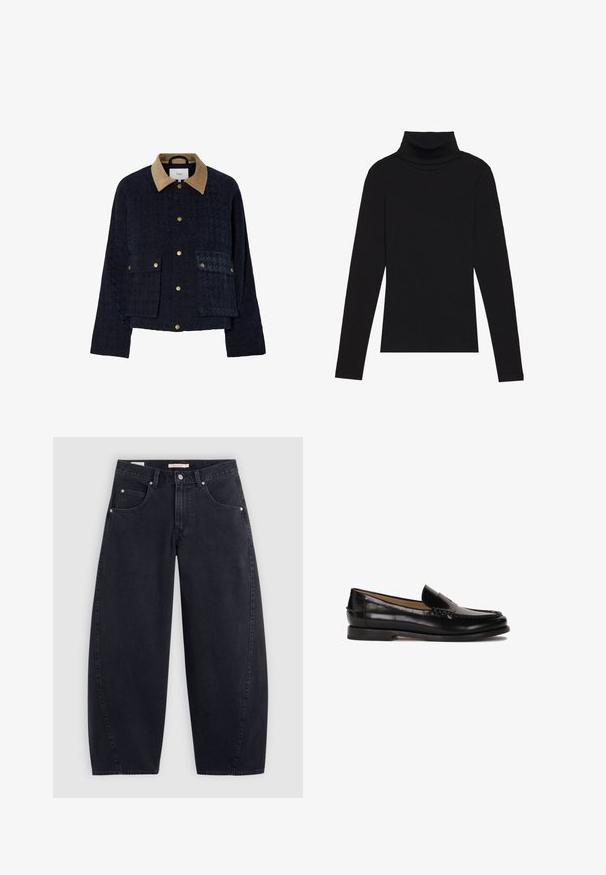 Mørkeblå quiltet jakke med en lysebrun corduroy-krave, to forlommer og guld trykknapper. Har struktureret stof og en afslappet pasform.; Sort højhalset bluse med lange ærmer, lavet af ribbet stof, har et tætsiddende design med en høj krave og uden mønstre eller detaljer.; Sorte denim wide-leg jeans med høj talje, to frontlommer og sølvhardware. Glat tekstur, minimale stikninger og lige snit.; Sorte læder loafers med en rund tå, slidserdesign og subtile syninger langs overdelen. Flad gummisål.