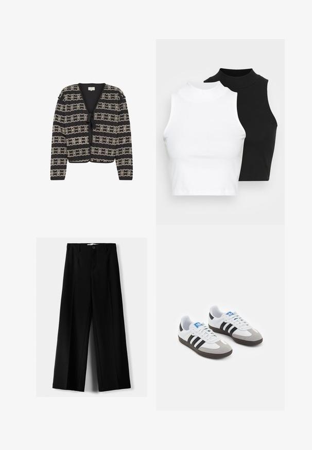 Mustan neuletakin lyhyt malli, jossa on kerma-värisiä brodeerattuja kukkakuoseja, nauhakiinnitys ja pitkät hihat. Valmistettu teksturoidusta kankaasta.; Kaksi hihattomaa ribattua kauluspaitaa mustana ja valkoisena, joissa on istuva muotoilu ja sileä rakenne, sekä lyhyt pituus.; Mustat leveälahkeiset housut, jotka on valmistettu kevyestä kankaasta. Housuissa on etunappikiinnitys ja tasainen etuosa, sekä huolellisesti ommellut helmat.; Urheilukengät, joissa on valkoinen nahkainen päällinen, harmaa mokkanokka ja kolme mustaa raitaa. Ominaisuuksina sininen logo kielekkeessä ja kuvioitu kumipohja.