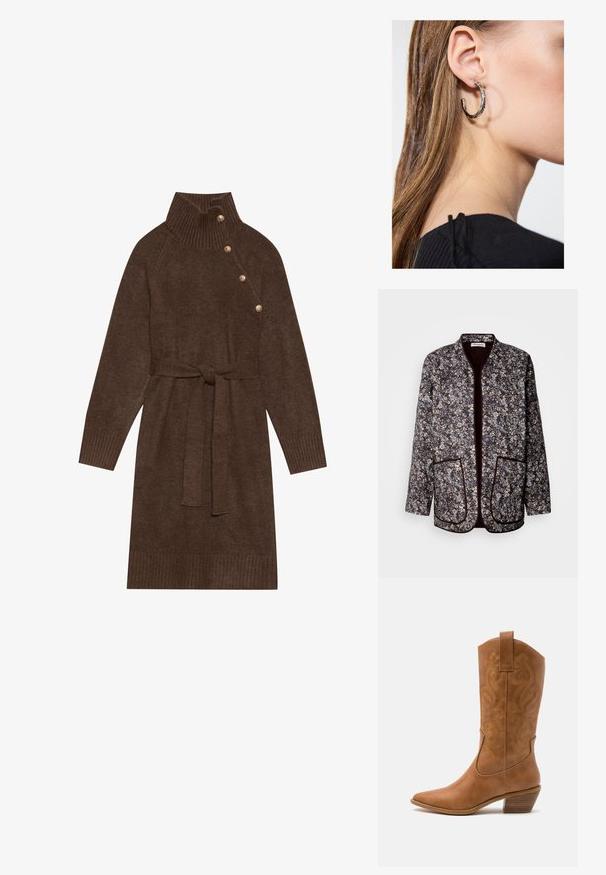 Floral pattern jacket in dark brown with light blue and white flowers, featuring a round neckline, two front pockets, and contrasting trim.; Brown knitted sweater dress with a high ribbed collar, side buttons, and a matching fabric belt. Ribbed cuffs and hem add texture.; Tan leather cowboy boot with pointed toe, embroidered swirl patterns on shaft, and a stacked block heel. Features a pull tab for easy wear.; Silver hoop earring with a polished finish, featuring small gold accent details and a round shape, worn on the lobe.