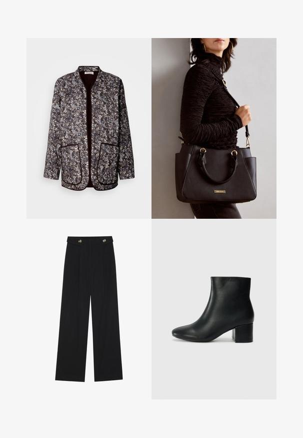 Blomstermønstret jakke i mørkebrun med lyseblå og hvite blomster, med rund hals, to frontlommer og kontrasterende detaljer.; Svart langermet topp med utsvingte mansjetter, myk tekstur og avslappet passform, med enkel rund hals.; Svart vide bukser med høy midje, knappdetaljer på midjebåndet og frontplisser.; Sorte skinn ankelsko med spiss tå og chunky hæl. Glatt tekstur med minimale detaljer og et elegant, tettsittende design.; Svart håndveske med teksturert overflate, doble topphåndtak og justerbar skulderrem. Har detaljer i gulltone og sidelommer.