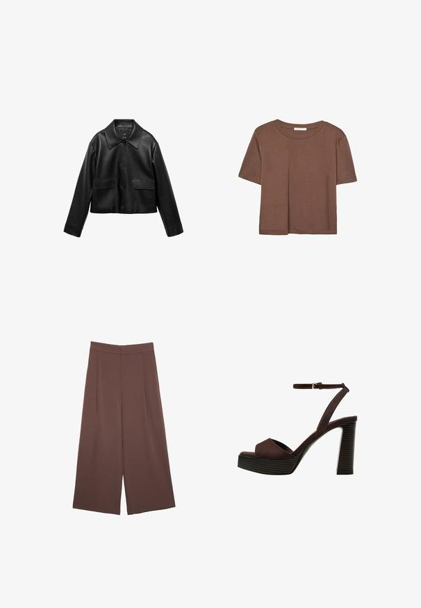 Mango Giacca in similpelle - black; Maglietta a maniche corte marrone realizzata in tessuto morbido, con scollatura rotonda e vestibilità rilassata. Nessun motivo o dettaglio visibile.; Pantaloni ampi marroni con una texture liscia, caratterizzati da una vita alta e pieghe frontali. Il tessuto è leggero e scorre liberamente.; Sandal in camoscio marrone con tacco alto, punta aperta, cinturino alla caviglia regolabile e suola a piattaforma striata.