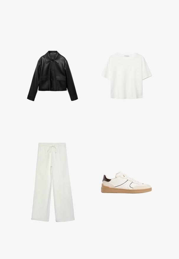 Mango SABINA czarny; Biała koszulka z krótkim rękawem, wykonana z bawełny. Posiada okrągły dekolt i luźny krój. Gładka faktura bez widocznych wzorów czy akcentów.; Białe spodnie o szerokich nogawkach wykonane z miękkiego materiału. Posiadają elastyczny pas ze sznurkiem i gładką teksturę. Brak widocznych wzorów lub elementów metalowych.; Stradivarius - Sneakersy niskie