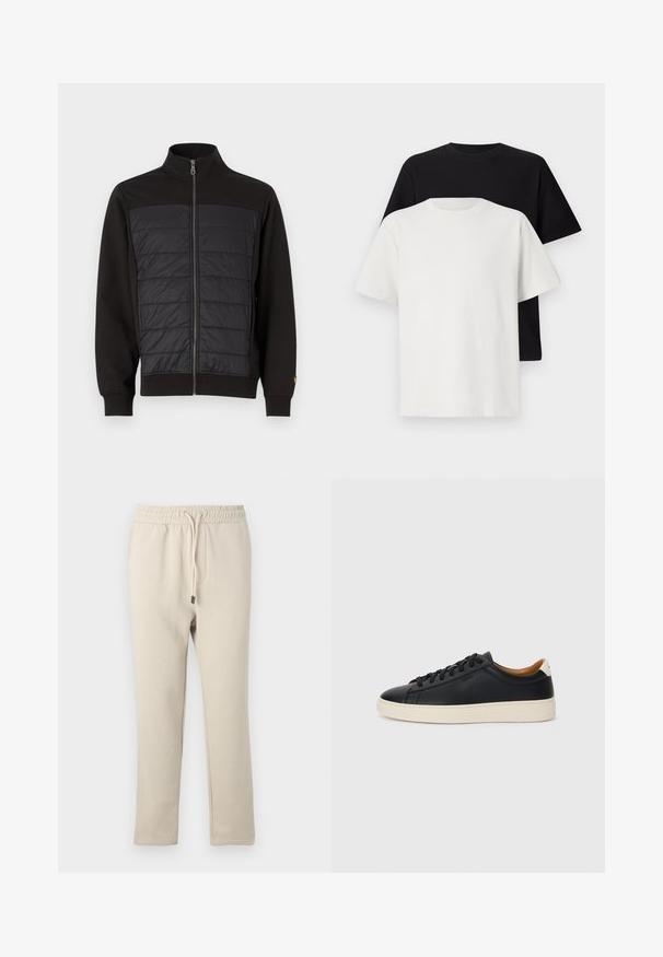 Svart hettejakke med polstret front, høy krage og ribbede mansjetter. Teksturert stoff står i kontrast til den glatte materialet. Diskret logoaccent.; Sett med bomull t-skjorter bestående av en svart topp og en hvit topp, begge med korte ermer, rund hals og standard passform. Teksturet stoff.; Beige joggebukser med elastisk midjebånd og snøring. Laget av mykt stoff, med smalere ben og sidelommer.; Sorte skinnesneakers med en jevn tekstur, beige gummisåle, lisser og en kontrasterende hæl aksent.