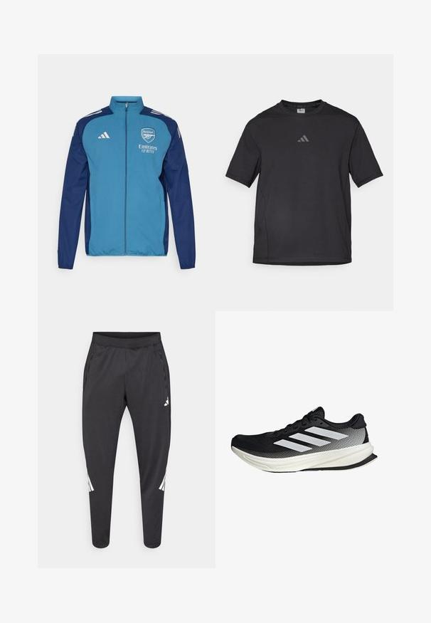 Blue and navy zip-up jacket featuring Arsenal logo, "Emirates" branding, and white Adidas stripes on shoulders. Smooth texture, athletic fit.; Black athletic t-shirt made of breathable material, featuring short sleeves, a round neck, and a reflective logo on the chest.; Black athletic pants with tapered legs, elastic waistband, side pockets, and white logo and stripes detailing. Made from a smooth, lightweight material.; Black athletic shoe with a mesh design, featuring white stripes, a rounded toe, and a textured sole for grip and support.