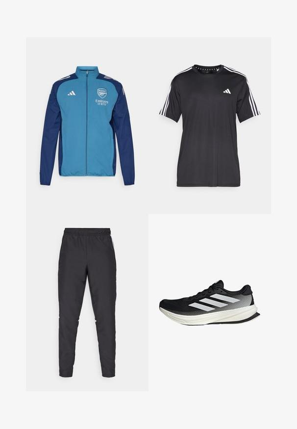 Chaqueta con cremallera en azul y marino que presenta el logo de Arsenal, la marca "Emirates" y rayas blancas de Adidas en los hombros. Textura suave, corte atlético.; Camiseta negra de manga corta con diseño de tres franjas blancas en los hombros y logo en el pecho. Fabricada con un tejido transpirable y de textura suave.; Pantalones deportivos negros con cintura elástica, piernas ajustadas y acentos laterales blancos. Hechos de material sintético con textura suave.; Zapato deportivo negro con un diseño de malla, que presenta rayas blancas, una puntera redondeada y una suela texturizada para agarre y soporte.
