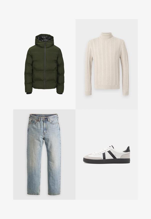 Green puffer jacket with a hood, zipper front, ribbed cuffs, and quilted texture. Features a shiny black lining and lightweight insulation.; Beige, knitted sweater with a high, ribbed turtleneck. Features a textured cable pattern and ribbed cuffs and hem, offering a cozy appearance.; Light blue denim jeans with high waist, front button, zipper, and five-pocket design, laid flat on a neutral background.; White sneaker with black and gray accents, featuring a textured gray toe cap, black rubber sole, and flat white laces. Clean design, minimalist style.