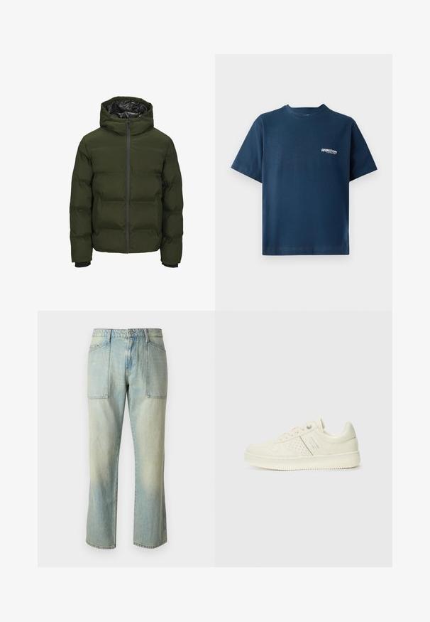 Green puffer jacket with a hood, zipper front, ribbed cuffs, and quilted texture. Features a shiny black lining and lightweight insulation.; Navy blue cotton t-shirt with short sleeves and a round neckline. Features a small white logo on the left chest area. Soft texture.; Light blue denim jeans with a straight leg cut, visible stitching, and two large front pockets. The fabric has a faded texture.; Cream-colored sneaker with perforated detailing, laces, and logo on the side, displayed against a plain white background.