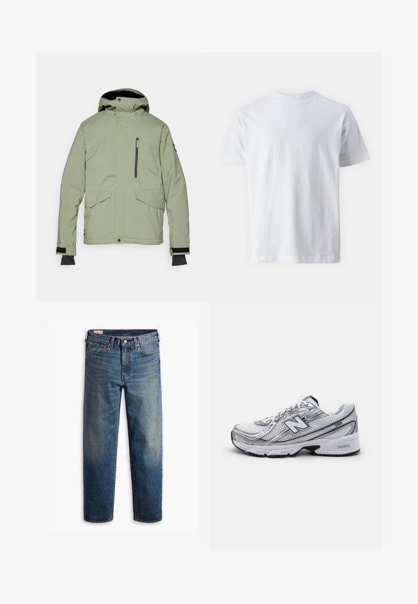 Casaco leve verde-claro, impermeável, com capuz, apresentando um bolso com zíper no peito e dois bolsos frontais com aba. Tecido texturado de toque suave.; Camiseta branca de manga curta feita de algodão, apresentando um decote redondo e uma textura suave, com um corte reto e sem padrões.; Jeans de denim azuis de perna reta com design clássico de cinco bolsos, fecho de botão e um leve desbotado nas coxas e joelhos.; Sapatilha desportiva New Balance com parte superior em malha, predominantemente branca com detalhes em cinzento e azul marinho, apresentando uma sola acolchoada e detalhes texturizados.