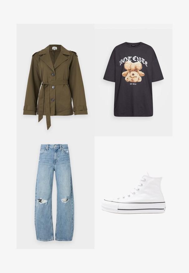 Casaco verde-oliva com gola de colarinho, cintura cingida e quatro botões frontais. Apresenta mangas longas com punhos dobráveis e epaulettes nos ombros.; T-shirt oversized preto com uma gráfica de um urso e o texto "NÃO FOFO, MAS SELVAGEM" em letras brancas e em negrito. Material em algodão.; Jeans de lavagem clara, de cintura alta, feitos de denim. Apresentam pernas largas, duas áreas rasgadas nos joelhos e o estilo clássico de cinco bolsos.; Sapatilha alta de tela branca com sola de borracha preta, bico de borracha na frente e seis ilhós para os atacadores, apresentando um design limpo e minimalista.