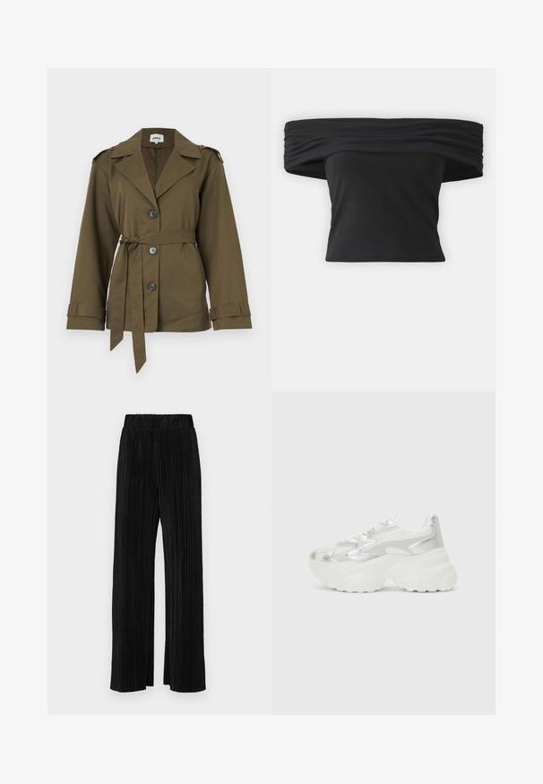 Olive rohelise jope, millel on kraega kaelus, vöökoht ja neli esistopp. Omab pikki varrukaid, millel on rullimistaskud ja õlavarreepauletid.; Mustikam ja õlavarrelt avatud pluus, millel on kortsunud tekstuur kaelaäärtes, lühikesed varrukad ja käänuline lühike disain. Valmistatud paindlikust materjalist.; Mustad pleekitud püksid elastse vöökohtaga. Omavad laiad jalad ja sujuvat, tekstureeritud kangast vertikaalsete triipudega.; Hõbedane sneaker, millel on tekstuuriga võrgust ülemine osa ja iridesSentne aktsent, pakub tummist valget tallat ja nööridega sulgemist.