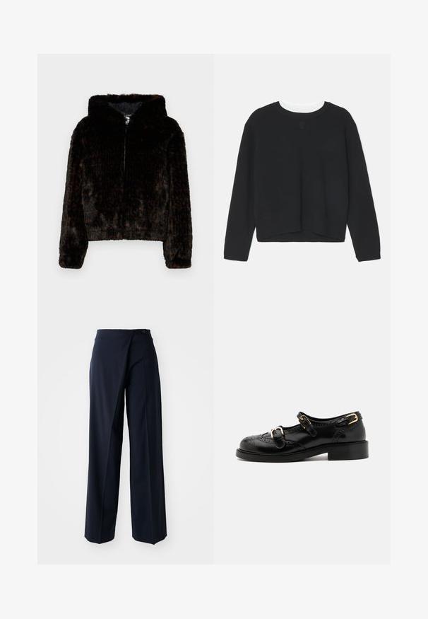 Czarna i brązowa kurtka z sztucznego futra z kapturem, zapinana na zamek, o skróconym kroju. Charakteryzuje się miękką teksturą i subtelnym wzorem w panterkę.; Czarny sweatshirt z długimi rękawami, okrągłym dekoltem i lekko krótkim dołem. Wykonany z miękkiego materiału, z delikatnym logo z przodu.; Granatowe spodnie o szerokich nogawkach z zapinaniem na zakładkę, gładkiego materiału, wysokim stanie i pojedynczym guzikiem z przodu.; Czarne skórzane buty z detalami brogu, z dwoma klamrami, okrągłym noskiem i niskim obcasem. Gładka tekstura z błyszczącym wykończeniem.