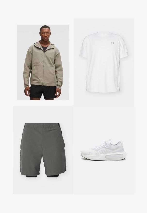 Svjetložuta zip jakna s kapuljačom, koja ima glatku teksturu i podesive manžete. Nosena preko crnog topa, u kombinaciji s crnim šortsevima.; Bijela atletska majica kratkih rukava od glatkog materijala. Ima okrugli izrez i sivi logo na lijevoj strani prsnog koša, s bočnim prorezima na rubu.; Sive kratke sportske hlače od glatkog, laganog materijala s elastičnom stražnjom trakom, koje imaju unutarnje kompresijske hlače i bočne džepove.; Bijela atletska cipela s teksturiranim pletenim gornjim dijelom, vezanjem, mekanim potplatom i prepoznatljivim detaljem brendinga sa strane.