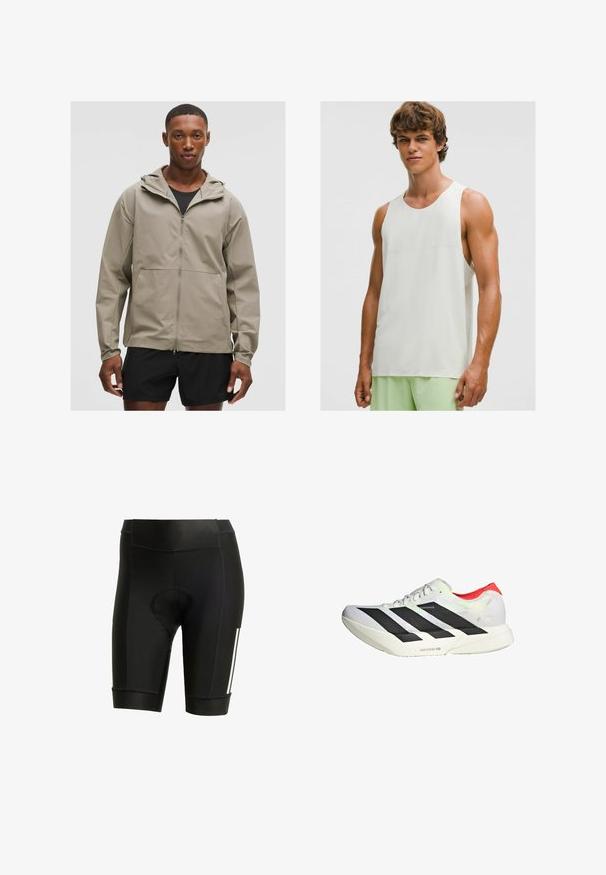 Svjetložuta zip jakna s kapuljačom, koja ima glatku teksturu i podesive manžete. Nosena preko crnog topa, u kombinaciji s crnim šortsevima.; Mlad muž u bezrukavnoj bijeloj sportskog majici i svijetlozelenim sportskim šortsevima, stoji naslonjen na jednostavnu bijelu pozadinu.; Crne biciklističke kratke hlače s podstavljenim sjedištem, izrađene od rastezljivog materijala. Imaju elegantan dizajn s bijelim trakama i ravnim šavovima.; Bijela atletska cipela s crnim dijagonalnim prugama, crvenim naglascima na peti i teksturiranim gornjim dijelom; sadrži LIGHTSTRIKE PRO amortizaciju.