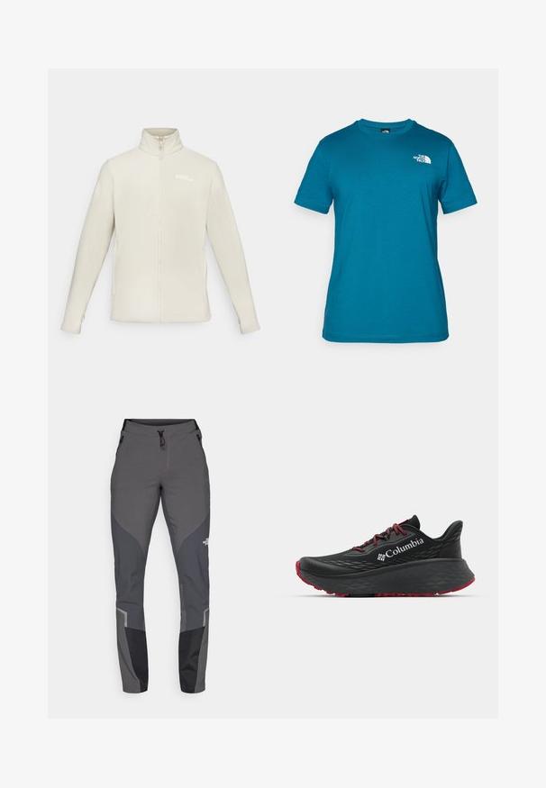 Chaqueta de forro polar en color beige claro, con un cuello alto, cierre de cremallera completo, mangas largas y un pequeño logo en la parte superior izquierda.; Camiseta de manga corta en color verde azulado, hecha de algodón suave, con un logo blanco impreso en el lado izquierdo del pecho y un diseño clásico de cuello redondo.; Pantalones de senderismo grises con un diseño ajustado, múltiples bolsillos y acentos en gris oscuro y negro. Fabricados con un material flexible y duradero.; Zapatilla deportiva negra con parte superior texturizada, cordones rojos y logotipo. Suela gruesa con patrón de relieve para tracción. Diseño minimalista, vista lateral.