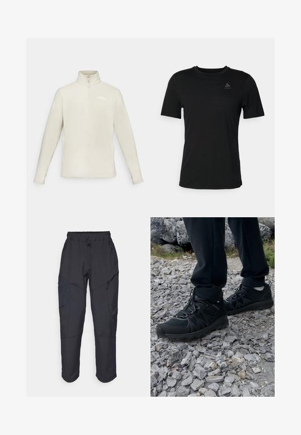 Fleecejacke in hellelfenbein mit hohem Kragen, durchgehendem Reißverschluss, langen Ärmeln und einem kleinen Logo auf der oberen linken Seite.; Schwarzes T-Shirt aus leichtem Material, mit rundem Halsausschnitt, kurzen Ärmeln und einem kleinen Markenlogo auf der oberen linken Seite.; Schwarze Cargo-Hosen aus leichtem, wasserabweisendem Material; verfügen über einen elastischen Bund, mehrere Reißverschlusstaschen und schmal zulaufende Beine.; Schwarze Outdoor-Schuhe aus Mesh und synthetischem Material, mit einer strukturierten Oberseite, gesichertem Schnürsystem und griffiger Laufsohle, auf felsigem Gelände.