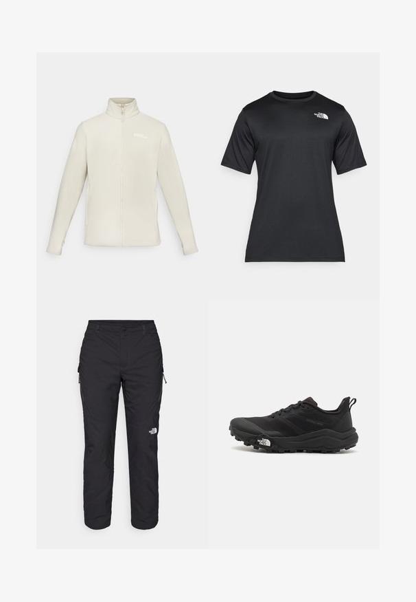 Fleece dzseki világos bézs színben, magas gallérral, teljes cipzárral, hosszú ujjakkal és egy kis logóval a bal felső részen.; Fekete, rövid ujjú póló, könnyű, nedvességelvezető anyagból készült. Bal oldalon fehér logóval rendelkezik, és kerek nyakú.; The North Face WINTER EXPLORATION TAPERED CARGO - Szabadtéri nadrágok - black; Fekete terepfutó cipő, textúrált felső résszel, gumitalppal és megerősített lábujjrészével. Párnázott bokarésszel és húzófüllel rendelkezik a könnyű felhúzáshoz.