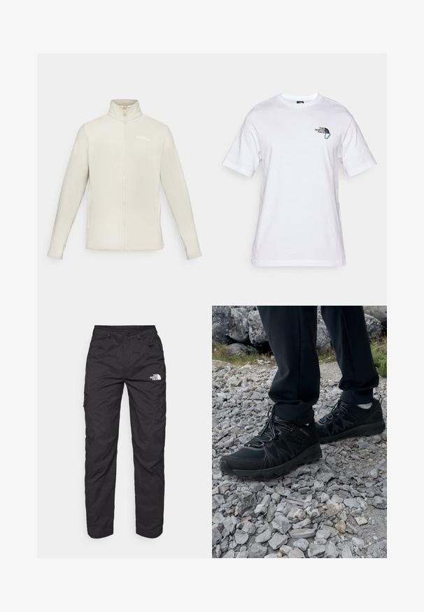 Fleecejacke in hellelfenbein mit hohem Kragen, durchgehendem Reißverschluss, langen Ärmeln und einem kleinen Logo auf der oberen linken Seite.; The North Face EXPLORE CARABINER RELAXED TEE UNISEX - T-Shirt print - white; Schwarze Cargohosen aus leichtem Stoff. Mit seitlichen Reißverschlusstaschen und einem Logo am linken Oberschenkel. Gerade Beinform.; Schwarze Outdoor-Schuhe aus Mesh und synthetischem Material, mit einer strukturierten Oberseite, gesichertem Schnürsystem und griffiger Laufsohle, auf felsigem Gelände.