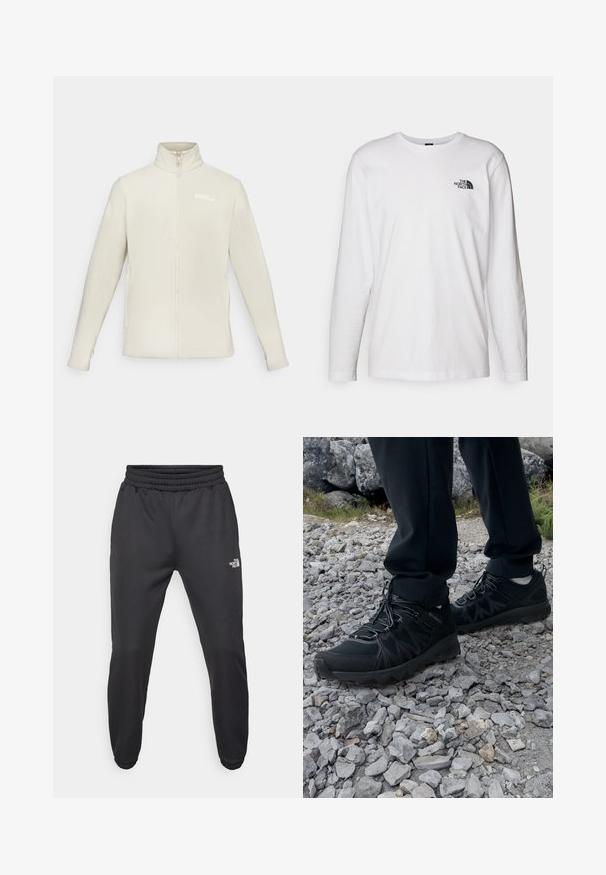 Giacca in fleece beige chiaro con colletto alto, chiusura a zip completa, maniche lunghe e un piccolo logo sul lato superiore sinistro.; T-shirt bianco a maniche lunghe in cotone con colletto rotondo. Presenta un piccolo logo nero sul petto. Texture liscia, vestibilità regolare.; Pantaloni sportivi neri con vita regolabile tramitecordino, vestibilità affusolata, polsini elasticizzati e un piccolo logo bianco sulla coscia sinistra, realizzati in tessuto morbido.; Scarpe da esterni nere realizzate in mesh e materiale sintetico, con una parte superiore testurizzata, un sistema di allacciatura sicuro e una suola robusta, su terreno roccioso.