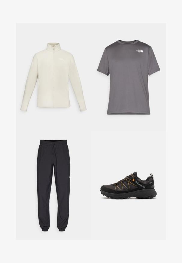 Casaco de fleece em bege claro, com gola alta, fecho de correr completo, mangas longas e um pequeno logótipo no lado superior esquerdo.; T-shirt atlético cinza de manga curta, feito de um tecido suave e leve. Apresenta um logo branco na área do peito esquerdo. Design de gola redonda.; Calças atléticas pretas feitas de tecido leve, com um cós ajustável por cordão, bolsos laterais e punhos afunilados nos tornozelos.; Sapatilha de caminhada preta com parte superior em malha, detalhes em amarelo, sola de borracha espessa e texturizada. Apresenta biqueira reforçada e atacadores.