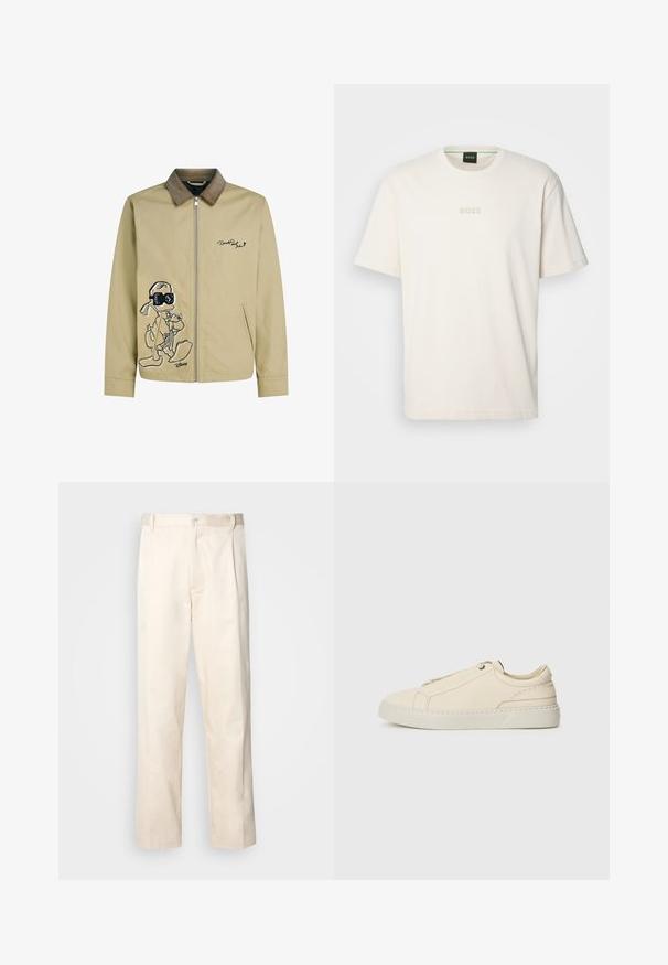 Jasno beżowa kurtka z kołnierzem z materiału sztruksowego, z czarną haftowaną postacią z kreskówki z przodu oraz zamek błyskawiczny.; BOSS - T-shirt basic; Beżowe bawełniane spodnie o prostym kroju nogawki, z zapięciem na guziki i plisami z przodu dla dodatkowego zdobienia.; Beżowe skórzane sneakersy z zaokrąglonym noskiem, minimalistycznym designem, subtelnymi przeszyciami i teksturowaną cholewką, na jasnej podeszwie.