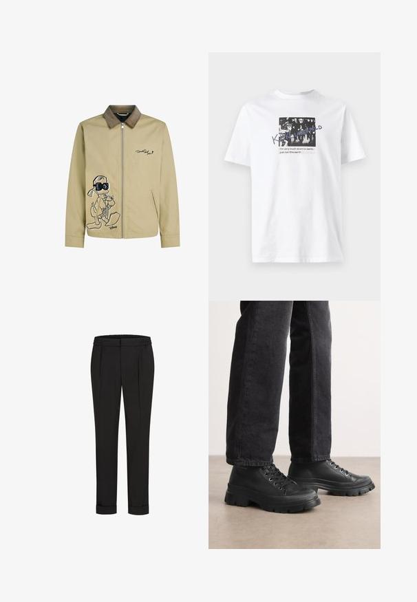 Heledbeez žakk, millel on sametist krae, esiküljel musta multifilmitegelase tikand ja lukuga sulgemine.; Valge puuvillane T-särk, millel on must-valge graafiline disain koos tekstiga. Lühikesed varrukad ja ümmargune kaelus.; Mustad püksid elastse vöökohtaga, sirge jala kujundusega ja üles keeratud äärtega. Valmistatud siledast, kudumisega kangast, ilma mustriteta.; Mustade nööriga tossud, millel on koonusjas, tekstuuriga tall ja siledast materjalist ülemine osa. Omab metallist silte ja soonilise aktsenti varvastes.