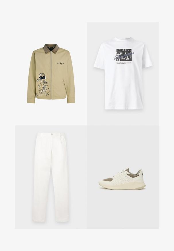 Svetlo béžová bunda s kordovou golierom, na prednej strane s výšivkou čierneho kresleného charakteru a so zipsom.; Biela bavlnená tričko s čierno-bielou grafickou potlačou a textom. Krátke rukávy a okrúhly výstrih.; Biele nohavice vyrobené z hladkej tkaniny, s rovnými nohavicami, prednými záhybmi a jedným gombíkom na zapínanie v páse.; Biele a svetlo béžové športové tenisky s hornou časťou z mriežkového materiálu, perforovanými detailmi a textúrovanou medzipodrážkou s logom na päte.