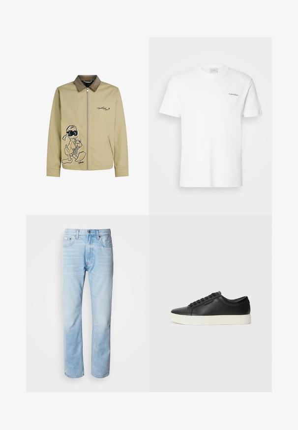 Jachetă de un bej deschis, cu guler din catifea, având un broderie cu un personaj de desene animate negru pe față și un închizător cu fermoar.; T-shirt alb din bumbac, cu mâneci scurte și guler rotund. Are un mic logo negru "Calvin Klein" pe partea stângă a pieptului.; Jeans din denim de culoare bleu deschis, cu croială dreaptă, prezentând secțiuni decolorate, design cu cinci buzunare și un sistem clasic de închidere cu buton.; Adidași din piele neagră cu textură perforată, vârf rotund și talpă plată din cauciuc alb. Au șireturi negre și un logo subtil pe lateral.
