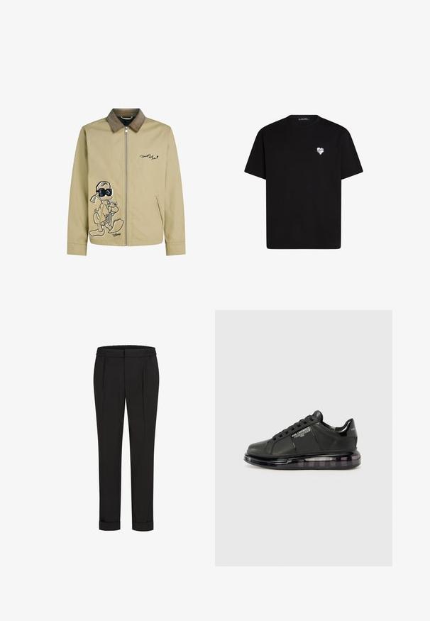 Světle béžová bunda s manžetovým límcem, na přední straně s vyšitým černým kresleným charakterem a sám zipovým uzavřením.; Černé bavlněné tričko s krátkým rukávem, kulatým výstřihem a malou bílou srdíčkovou grafikou na levé hrudi.; Černé kalhoty s elastickým pasem, s rovnými nohavicemi a ohrnutými lemy. Vyrobené z hladké tkaniny bez vzorů.; Černé tenisky s hladkým koženým svrškem, zaoblenou špičkou a šněrovacím designem. Mají průhlednou, polstrovanou podrážku s tmavým přechodem.