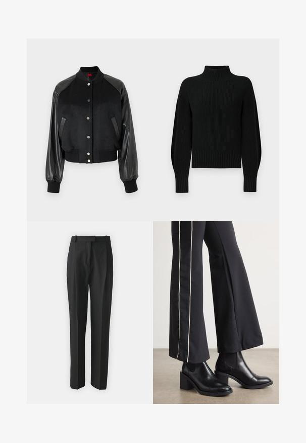 Juodas bombonešis su vilnoniu korpusu ir odinėmis rankovėmis. Pinti rankogaliai ir apykaklė. Spaudimo mygtukų uždarymas. Du šoninės kišenės patogumui.; Juodas megztinis su aukšta apykakle, banguota tekstūra ir raglano rankovėmis. Kūnas šiek tiek sutrumpintas, su storu banguotu apdailos kraštu.; Juodi pritaikyti kelnes pagamintos iš lengvos medžiagos, turinčios tiesų kirpimą, plokščią priekinę dalį ir diržo kilpas. Lygus paviršius be matomų raštų.; Juodi odiniai auliniai batai su plataus bloko kulnu, turintys elastines šonines dalis. Sukomplektuoti su juodomis kelnėmis, turinčiomis baltą šoninės juostą.