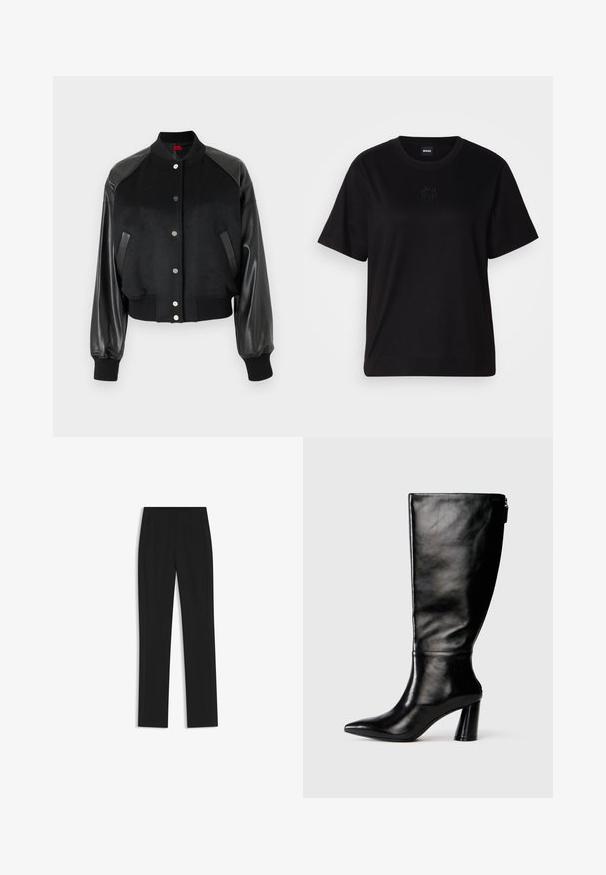 Veste bomber noire avec un corps en laine et des manches en cuir. Manches et ourlet côtelés. Fermeture à boutons-pression. Deux poches latérales pour plus de praticité.; T-shirt en coton noir avec un col rond, des manches courtes et un logo brodé sur la poitrine. Coupe simple et décontractée sans motifs.; Pantalon noir ajusté avec une coupe droite, doté de poches avant et d'un tissu lisse et texturé. Détails soignés et minimalistes.; Botte en cuir noir à hauteur de genoux avec un bout pointu, une texture lisse et un talon épais. Elle présente un zip à l'arrière.