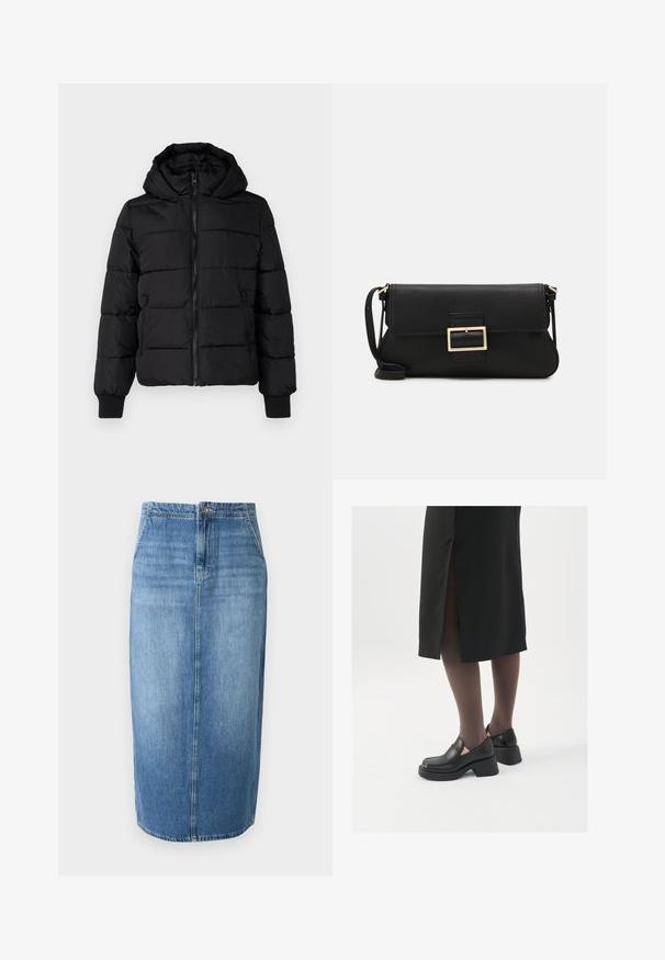 Juodas paminkštintas švarkas su kapuce, užtrauktuku priekyje ir elastingais rankogaliais. Lygus audinys su siuvinėtomis dalimis; dvi šoninės kišenės laikymui.; JDY JDYDINEA L/S REVERSIBLE - Džemperis - fern; Šviesiai mėlyna džinsinė pieštuko sijonas su tiesiu siluetu, priekiniais mygtukais ir subtiliu blukimu. Apačia siekia virš kelių.; Juodos odinės bateliai su apvaliu nosiu, stora blokine pakulne ir elastingais šonais, derinami su tamsiomis pėdkelnėmis ir juoda sijonu su plyšiu.; Juodas odinis dėkliukas su atvarteliu ir auksinės metalinės sagties detalėmis. Įeina juodas diržas ir elegantiškas, minimalistinis dizainas.