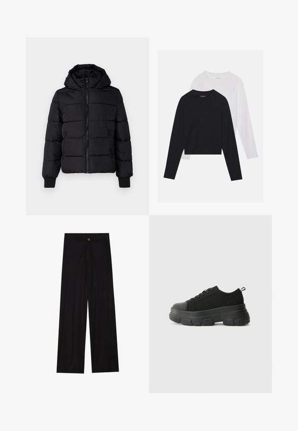 Svart polstret jakke med hette, glidelås foran og elastiske mansjetter. Glatt stoff med quiltede seksjoner; to sidelommer for oppbevaring.; To lange ermerte skjorter: en svart og en hvit. Begge har rund hals, raglanermer og er laget av en myk bomullsblanding.; Bredde ben sorte bukser laget av et glatt stoff, med frontlommer og knappelukking i midjen. Minimalistisk design uten mønstre.; Svarte sneakers med en kraftig gummisåle, teksturert stoffoverdel, rund tå og snøring. Har forsterkede snørehull og bakre trekkstang.