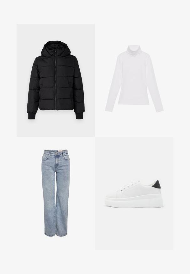Čierna prešívaná bunda s kapucňou, predným zipsom a elastickými manžetami. Hladký materiál s prešívanými sekciami; dve bočné vrecká na uskladnenie.; Biely dlhý rukáv v štýle roláka vyrobený z hladkej, elastickej tkaniny. Má vysoký golier a priliehavý strih, bez viditeľných vzorov alebo ozdôb.; Svetlomodré široké džínsy vyrobené z denimu, s vysokým pásom, päťvreckovým dizajnom a jemným vyblednutím pre opotrebovaný vzhľad.; Biele platformové tenisky vyrobené z hladkého syntetického materiálu, so zaoblenou špičkou, šnurovacím dizajnom a textúrovanou gumovou podrážkou. Čierny akcent na päte.