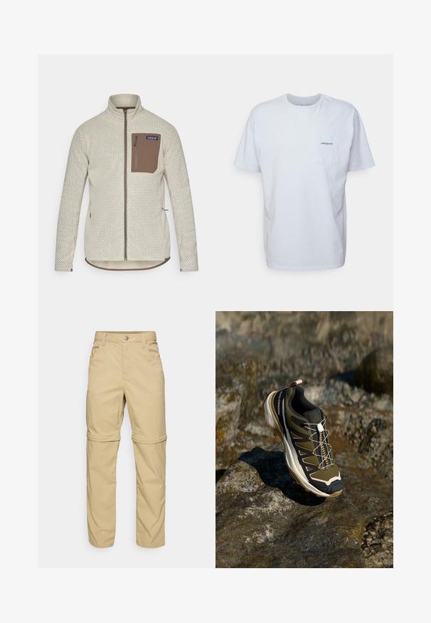 Giacca beige chiaro con un motivo testurizzato, una tasca sul petto con zip marrone e dettagli con zip marrone a contrasto. Maniche lunghe, colletto alto.; T-shirt bianco in cotone con maniche corte, scollo rotondo e tasca sul petto sinistro con il logo "Patagonia" blu. Vestibilità classica con una texture liscia.; Pantaloni beige con zip-off, in tessuto morbido, dotati di due tasche laterali, chiusura con bottone e orli arrotolabili per maggiore versatilità.; Scarpe da escursionismo in verde oliva e nero con dettagli rosa. Presentano una parte superiore testurizzata, suola flessibile, puntale rinforzato e un vivace sistema di allacciatura.