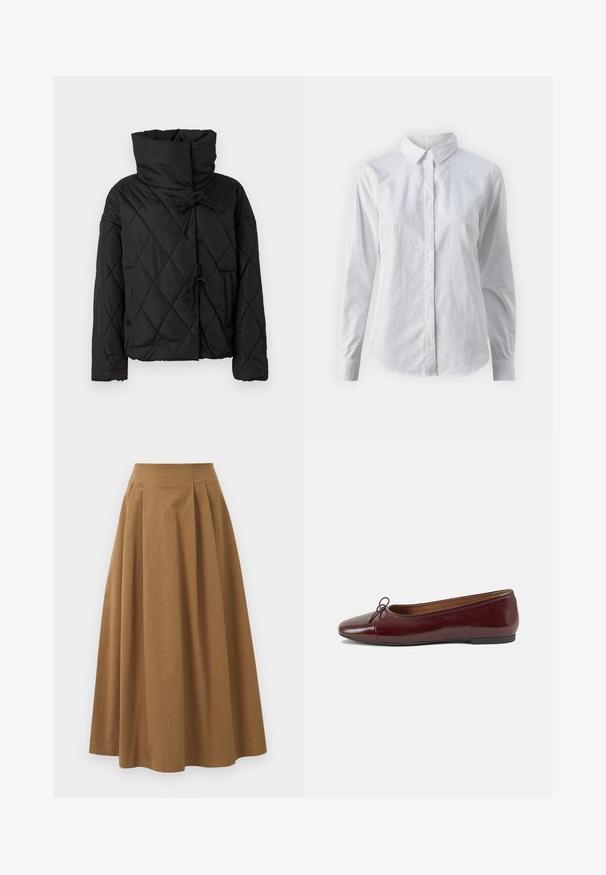 Casaco acolchoado preto com colarinho alto, apresentando fechos ajustáveis e dois bolsos frontais. Textura suave e corte oversized.; Camisa branca de botão feita de algodão suave, com colarinho clássico, mangas longas e bainha curva. Os botões são pequenos e brancos.; Saia A-line de algodão castanho com cintura alta, apresentando pregas na parte da frente e uma textura suave. As bordas da bainha são limpas e simples.; Bailarinas em couro sintético borgonha com bico redondo, pequeno laço na frente e sola baixa em borracha preta. Textura suave.