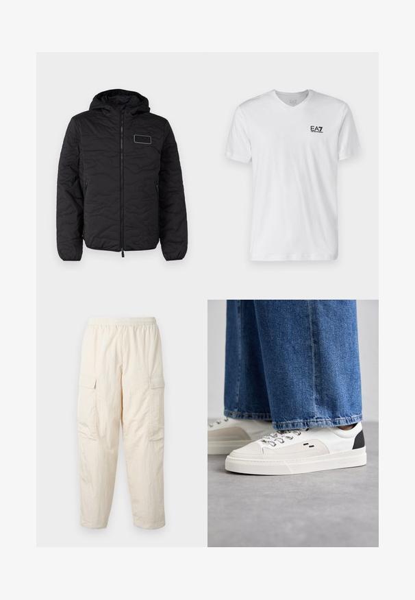 Svart quiltet jakke med hette, som har glidelås foran og sidelommer. Logo-patch nær brystet. Glatt tekstur og lett design.; Hvit bomull t-skjorte med v-hals, korte ermer, med en svart EA7-logo på venstre bryst. Jevn tekstur, enkelt design.; Beige cargo bukser med elastisk talje, som har to sidelommer og et blødt, let stof. Stribet tekstur.; Hvite og svarte joggesko med en glatt læroverdel, teksturerte detaljer og en kraftig hvit såle. Har en klassisk snøring.