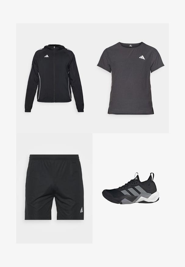 Zwarte sportjack met een rits aan de voorkant, capuchon en witte strepen langs de mouwen. Bevat een Adidas-logo aan de bovenkant aan de linkerzijde.; Korte mouwen sport t-shirt, donkergrijs met geperforeerde textuur. Bevat een wit logo en contrasterende zijstrepen. Ronde halslijn.; Zwarte sportshorts gemaakt van gladde stof, met een elastische tailleband, rechte snit en een zilveren Adidas-logo aan de rechteronderkant.; Zwarte sportieve schoen met een ademend mesh-bovenwerk, grijze accenten, gestructureerde zool en drie kenmerkende strepen aan de zijkant.