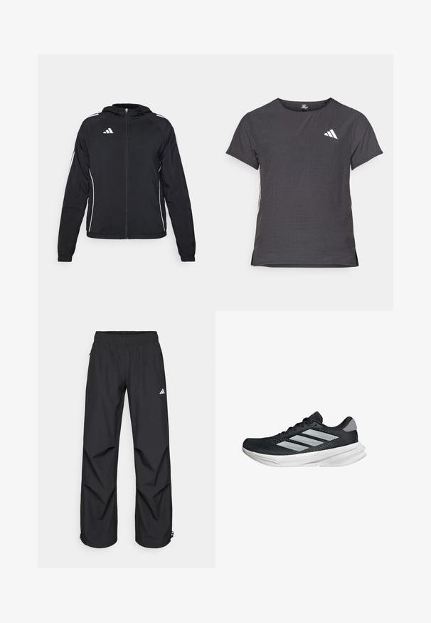 Musta urheilujakku, jossa on vetoketju, huppu ja valkoiset raidat hihoissa. Vasemmassa yläkulmassa on Adidas-logo.; Lyhythihainen urheilupaita, tummanharmaa, jossa on reikäkudot. Ominaisuuksina valkoinen logo ja kontrastiväriset sivusuunnat. Pyöreä pääntie.; Mustat, kevyet, vedenpitävät housut, joissa on joustava vyötärö, sivutaskut ja säädettävät hihnat. Oikealla reidellä valkoinen logo.; Musta juoksukenkä, jossa on verkko-osa ylhäällä, kolme hopeista raitaa, valkoinen välipohja ja teksturoitu pohja. Varustettu pehmustetulla nilkkaremmeillä ja nauhakiinnityksellä.
