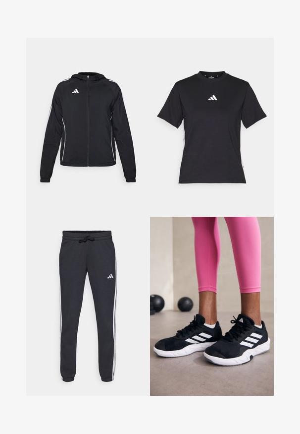 Černá sportovní bunda se zipem vpředu, kapucí a bílými pruhy na rukávech. Na levé horní části se nachází logo Adidas.; Černé tričko s krátkým rukávem vyrobené z měkké tkaniny. Má bílé logo Adidas a kontrastní bílé pruhy po stranách.; Navy tepláky vyrobené z měkké tkaniny, s bílými bočními pruhy, nastavitelním pasem se stažitelnou šňůrkou a malým logem na levém stehně.; Černé sportovní boty s bílými pruhy, texturovaný síťovinový svršek a bílá podrážka. Nosené s růžovými legínami, které předvádějí tréninkové oblečení.