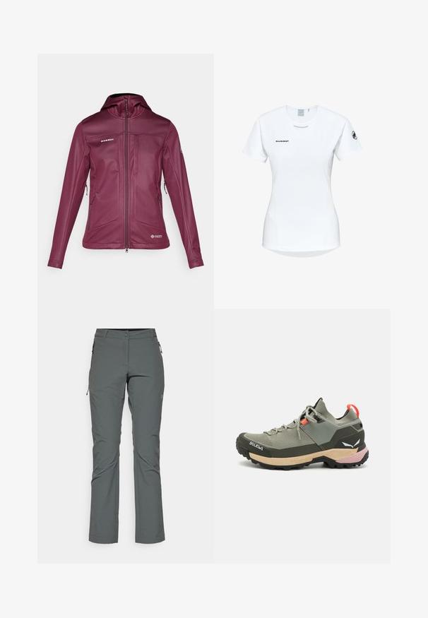 Damska bordowa kurtka softshell z kapturem, pełnym zamkiem błyskawicznym, kieszeniami bocznymi na zamek oraz logo Mammut i Windstopper.; Koszulka sportowa z krótkim rękawem w kolorze białym, z okrągłym dekoltem, z logo na piersi i gładką, lekką teksturą materiału.; Szare spodnie outdoorowe wykonane z lekkiego, teksturowanego materiału; posiadają kieszenie zapinane na zamek oraz dopasowany krój z prostymi nogawkami.; Lekkie zielone buty trekkingowe z siateczkowymi i gumowymi materiałami, czarną podeszwą zapewniającą przyczepność, różowymi i pomarańczowymi akcentami oraz wzmocnionym czubkiem.