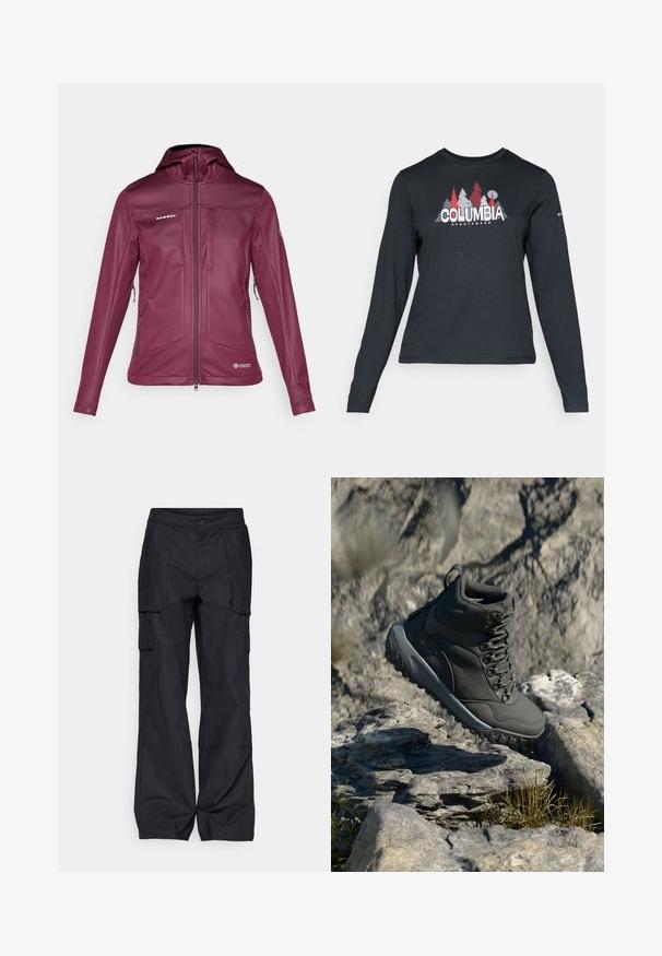 Ženska jakna od maroon softshell materijala s kapuljačom, punim prednjim zatvaračem, bočnim džepovima sa zatvaračem i logotipima Mammut i Windstopper.; Majica dugih rukava tamnosive boje s grafikom crvenih drveća i planina; logo "COLUMBIA" u podebljanom bijelom tekstu. Mekana tkanina, standardni okrugli izrez.; Columbia BREA FALLS™ COTTON RIPSTOP PANT - Hlače za otvoreno - black; Tamno sivi planinarski čizme izrađene od sintetičkog materijala, s podstavljenim ovratnikom, metalnim rupama za vezivanje i teksturiranom gumenom potplatom za prianjanje.